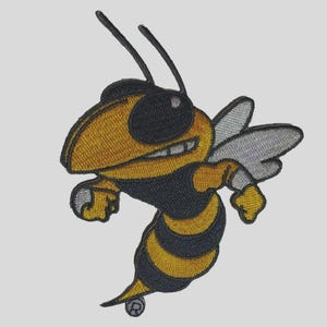 May include: An embroidered patch featuring a cartoon hornet with a yellow and black striped body, large black eyes, and grey wings. The hornet is depicted in a dynamic pose with its arms raised, showcasing detailed stitching and a black border.