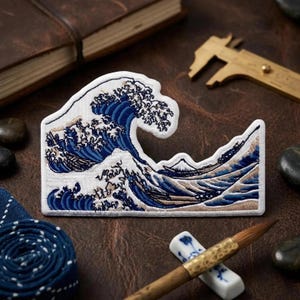 May include: An embroidered patch featuring a detailed depiction of a large cresting ocean wave in shades of deep blue, white, and tan. The design includes a small mountain peak in the background, all contained within a white stitched border.