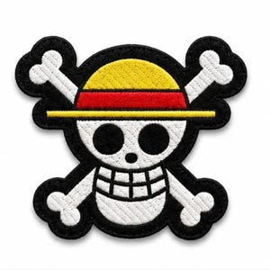 May include: An embroidered patch featuring a white skull with black eye sockets and a grid-patterned jaw, wearing a yellow straw hat with a red band. Behind the skull are two crossed white bones, all outlined in a thick black border.