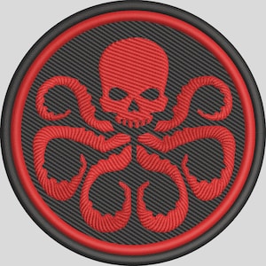 May include: A circular embroidered patch featuring a red skull centered above a red octopus with six tentacles extending outward. The design is set against a black background with a red inner border and a thick black outer border edge.
