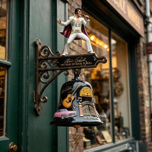 May include: A decorative wall-mounted bell featuring a figurine of Elvis Presley in a white jumpsuit on top. The black bell displays a guitar, a pink car, the Graceland gates, and the text Elvis Presley The King of Rock 'n' Roll and Memphis, TN.