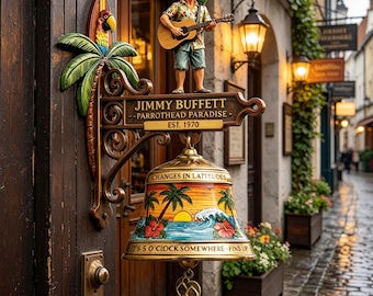 Jimmy Buffett Standing Figure Doorbell Wall Bell | Tropical Island Style Hanging Door Chime | Coastal Outdoor Decor | Unique Entryway Accent