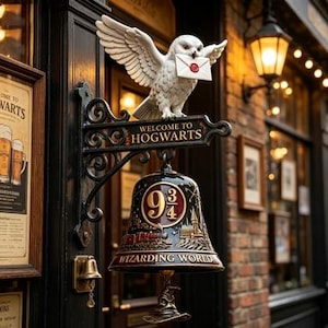 Può includere: Un'insegna da parete in metallo nero con un gufo bianco che tiene una busta nel becco. Sotto il gufo, un cartello recita Welcome to Hogwarts. Una campana nera pende dall'insegna, mostrando il numero 9 3/4 e il testo Wizarding World.