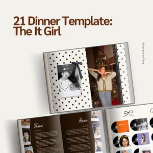 Könnte beinhalten: Eine digitale Scrapbook-Vorlage mit dem Titel 21 Dinner Template: The It Girl, bestehend aus Seiten mit schwarzen Punkten, einem Foto einer Person vor einem Weihnachtsbaum, einem Polaroid-Bild mit schwarzer Schleife sowie Bereichen für Text und Schallplatten.