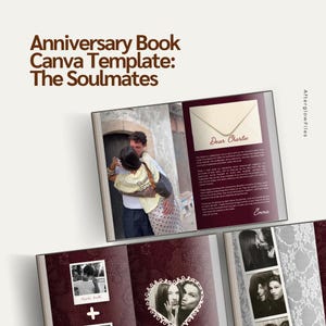 Op de afbeelding: Een Canva-sjabloon voor een jubileumboek genaamd The Soulmates met pagina's met fotolay-outs, een briefafbeelding gericht aan Dear Charlie en een donkerbruine achtergrond met kantpatronen. Het ontwerp biedt ruimte voor foto's en tekst.