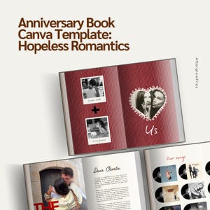 Könnte beinhalten: Eine Canva-Vorlage für ein Jubiläumsbuch mit dem Titel Hopeless Romantics, die Seiten mit rot gestreiftem Hintergrund, schwarz-weiße Polaroid-Fotos, einen herzförmigen Rahmen mit dem Text Us, einen Brief an Charlie und eine Seite mit Schallplatten zeigt.