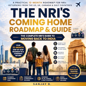 Könnte beinhalten: Ein Buchcover mit dem Titel The NRI's Coming Home Roadmap & Guide, das eine dreiköpfige Familie vor einer Skyline und dem India Gate zeigt. Der Text beschreibt einen 12-Monats-Plan für die Rückkehr nach Indien aus verschiedenen Ländern.