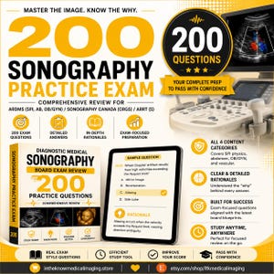 May include: A diagnostic medical sonography board exam review book and a tablet displaying a sample question. The text reads 200 Sonography Practice Exam, Comprehensive Review for ARDMS, Sonography Canada, and ARRT. Includes ultrasound imagery.