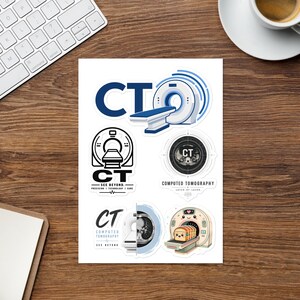 May include: A sticker sheet featuring five distinct designs related to computed tomography. The graphics include stylized CT scanners, medical imaging cross-sections, and a cartoon illustration of a bread loaf inside a scanner with the text CT.