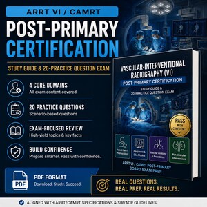 Op de afbeelding: Een studiegids en oefenexamen voor de post-primaire certificering in vasculaire-interventionele radiografie VI. De cover toont medische professionals in een operatiekamer, met tekst over 4 kerndomeinen, 20 oefenvragen en examenstof in PDF-formaat.