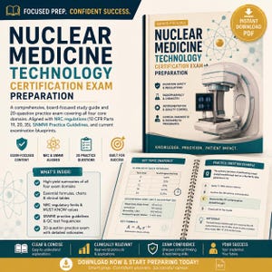 Puede incluir: Una guía de estudio titulada Nuclear Medicine Technology Certification Exam Preparation, con un escáner médico en la portada. El libro abierto muestra una tabla de referencia de desintegración y una pregunta de práctica sobre generadores Mo-99/Tc-99m.