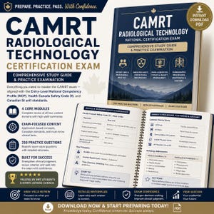 May include: A digital study guide for the CAMRT Radiological Technology Certification Exam, featuring a dark blue cover with mountain imagery and an open spiral-bound book displaying technical tables on radiation safety and trauma views.