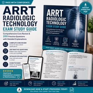 May include: An ARRT Radiologic Technology Exam Study Guide book with a blue cover featuring an X-ray image, accompanied by an open textbook displaying radiation safety concepts and a smartphone showing a practice question on its screen.