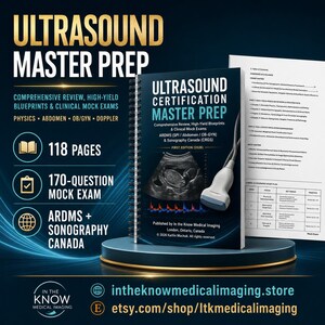 May include: A spiral-bound Ultrasound Certification Master Prep study guide featuring a fetal ultrasound image and a transducer probe on the cover. The book includes 118 pages, a 170-question mock exam, and covers physics, abdomen, OB/GYN, and Doppler topics.