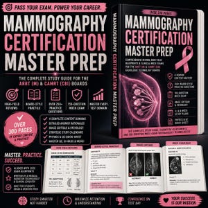 May include: A black and pink study guide titled Mammography Certification Master Prep, featuring a pink ribbon, anatomical breast illustrations, and sample exam pages. The book includes over 300 pages of content for ARRT and CAMRT board exams.