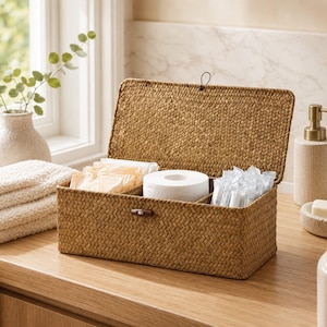 May include: A rectangular woven seagrass storage box with a hinged lid and a wooden toggle closure. The interior is divided into three sections containing a roll of white toilet paper, individually wrapped feminine hygiene products, and tampons.