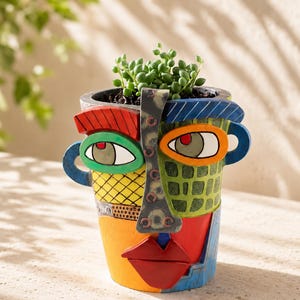 May include: A multi-colored planter shaped like a human face with a green succulent plant inside. The planter features a red eyebrow, a green eye, a yellow grid pattern, a blue side, a grey nose with circular patterns, and bright red lips.