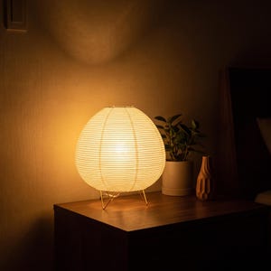 May include: A spherical paper lantern table lamp with horizontal ribbing, emitting a warm glow. The lamp features thin, gold-toned metal legs. Beside it sits a small potted green plant in a light-colored pot and a tall, slender wooden vase.