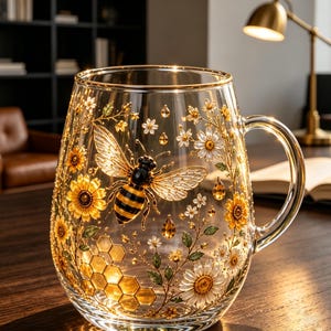 Puede incluir: Una taza de cristal transparente con borde dorado y un diseño detallado que incluye una abeja, girasoles amarillos, margaritas blancas, hojas verdes y patrones de panal dorados. La taza cuenta con un asa resistente y un acabado liso.