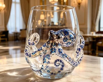 3D Blue Ring Octopus Glass Cup, Handmade Ocean Inspired Drinkware, Unique Octopus Wine Glass, Creative Sea Lover Gift