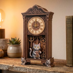 May include: A brown wooden clock featuring a round face with Roman numerals, an intricate gear mechanism, and a central gray cat figure holding a small gear. The base displays the text THE GEAR-CAT'S KEEPSAKE EST. 1892 with two small gargoyle figures.