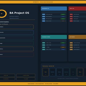 May include: A dark-themed digital dashboard titled BA Project OS, featuring a project lifecycle list with six stages, a requirement log, a defect log, a traceability matrix, and an UAT tracker, all organized into color-coded sections on a screen.
