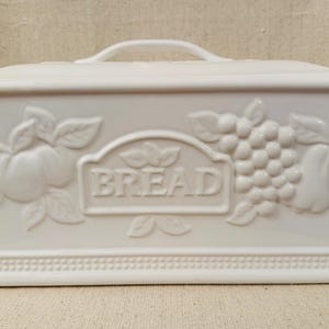 Vintage White Ceramic Bread Box with Lid | Embossed Fruit & Grape Kitchen Canister | Farmhouse Cottage Kitchen Storage | Milk Glass Style