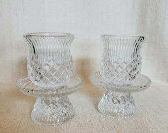 Vintage PartyLite Clear Pressed Glass Votive Candle Holders Set of 2 | Reversible Pedestal Tealight Holders | Diamond Pattern Glass Decor