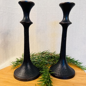 Pair of Crate & Barrel Emmitt Bronze Taper Candlesticks | Hammered Metal Candle Holders | Modern Rustic Farmhouse Decor