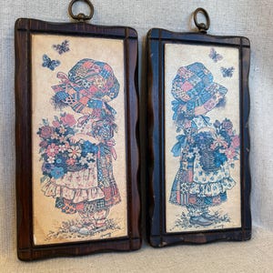 Vintage Holly Hobbie Style Wall Plaques Set of 2 | Cottagecore Floral Girl Wall Decor | 1970s Patchwork Nursery Decor | Grandmillennial Art