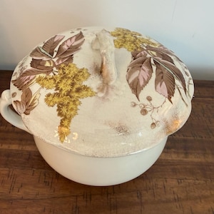Op de afbeelding: Een ronde keramische terrine met bijpassend deksel voorzien van een botanisch patroon van bruine bladeren en gele bloemtrossen. Het deksel heeft een centrale handgreep en de basis bevat een zijhandgreep. Het oppervlak heeft een craquelé glazuur.