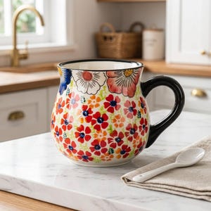 May include: A ceramic mug with a rounded body and a black handle, featuring a vibrant pattern of red, orange, and blue flowers on a cream background. The mug is accompanied by a small white ceramic spoon resting on a folded beige cloth napkin.