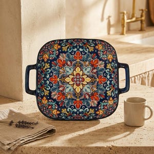 May include: A square ceramic serving dish with two side handles, featuring a dark blue background and a symmetrical, intricate floral mandala pattern in shades of orange, yellow, light blue, and white, positioned next to a plain white mug.