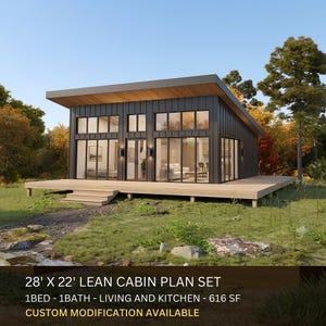 28'x22' Lean Cabin House Plan – 1 Bed, 1 Bath, 616 SF (PDF Download)