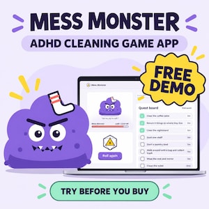 May include: A digital graphic for the Mess Monster ADHD cleaning game app featuring a purple monster character with a sock on its head, a laptop displaying a quest board interface, and a yellow badge that reads FREE DEMO and TRY BEFORE YOU BUY.