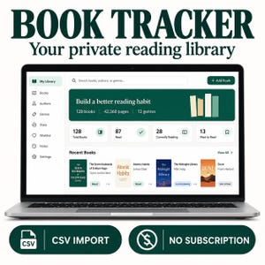 Op de afbeelding: Een laptopscherm met een digitale boeken-tracker interface genaamd BOOK TRACKER Your private reading library. Het dashboard toont leesstatistieken, een zoekbalk, een knop om boeken toe te voegen en een lijst met recente boeken.