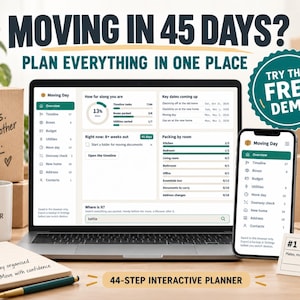 Könnte beinhalten: Ein Laptop und ein Smartphone mit einer digitalen Umzugsplaner-App namens Moving Day. Der Bildschirm zeigt Aufgabenlisten, Zeitpläne und den Packfortschritt. Ein Notizblock mit Checkliste, eine Tasse und Umzugskartons sind ebenfalls zu sehen.