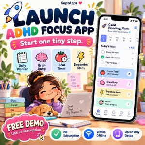 ADHD Planner App with Focus Timer, Brain Dump and Dopamine Menu