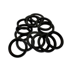May include: A collection of black circular rubber gaskets arranged in a loose pile. Each gasket features a smooth, uniform ring shape with a hollow centre, designed for sealing purposes. The items are matte black and appear flexible in texture.