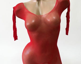 Red Mesh Long Sleeve Catsuit Jumpsuit | Festival Rave Outfit | Halloween Devil Costume Base | Y2K Layering Fishnet Dancewear One Size