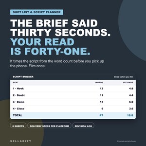 May include: A dark blue shot list and script planner graphic featuring the text: THE BRIEF SAID THIRTY SECONDS. YOUR READ IS FORTY-ONE. It includes a script builder table with columns for beat, words, and seconds, plus buttons for sheets, specs, and logs.