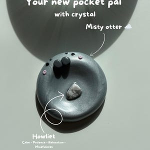 Puede incluir: Un objeto circular de arcilla gris etiquetado como Misty otter, con pequeños acentos oscuros y un cristal de Howlita blanco y gris en el centro. El texto dice: Your new pocket pal with crystal, Misty otter, Howlite, Calm, Patience, Relaxation, Mindfulness.