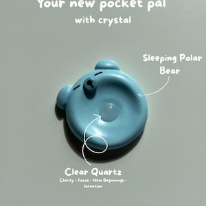 Könnte beinhalten: Eine hellblaue, kreisförmige Figur eines schlafenden Eisbären mit einem kleinen, eingebetteten klaren Quarzkristall in der Mitte. Der Text lautet: Your new pocket pal with crystal, Sleeping Polar Bear, Clear Quartz, Clarity, Focus, New Beginnings, Intention.