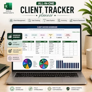 May include: A laptop screen displaying an all-in-one client tracker planner dashboard for Excel and Google Sheets. The interface features tables for client status, lead sources, service mix, and monthly new clients, alongside pie and bar charts.