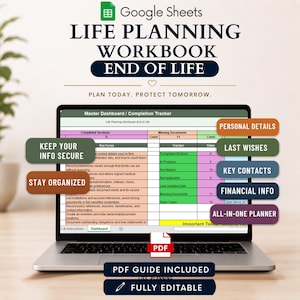 May include: A digital life planning workbook displayed on a laptop screen, featuring a master dashboard and completion tracker. The interface includes sections for personal details, last wishes, key contacts, and financial info, with a PDF guide included.