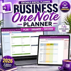 May include: An editable digital business OneNote planner for 2026 featuring a laptop and tablet screen displaying weekly task lists and a marketing budget plan. The interface includes fully hyperlinked tabs, purple branding, and a white stylus pen.