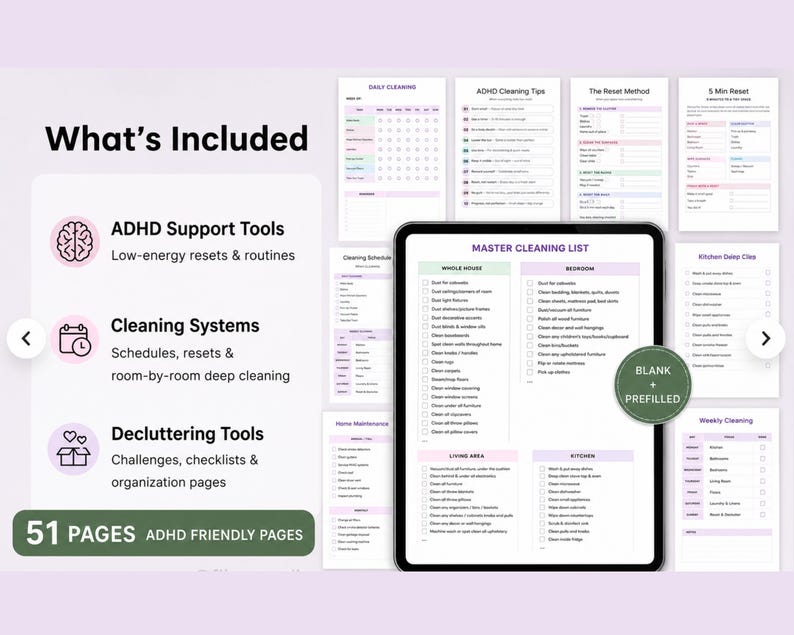 ADHD Cleaning Planner, Daily Weekly Cleaning Schedule, Deep Clean Checklist, Declutter Challenge ...
