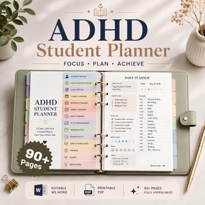May include: A sage green ring-bound ADHD Student Planner with 90+ pages. The open pages feature a student profile, goal setting, daily planner, and study management sections. Text includes ADHD Student Planner, Focus, Plan, Achieve, and 90+ Pages.