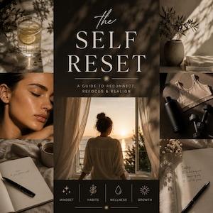 May include: A collage featuring the text The Self Reset A Guide to Reconnect, Refocus & Realign. Images include a glass of water with lemon, a person's face, a person looking out a window at sunset, a sports bra, dumbbells, and a notebook with a pen.