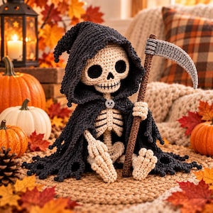 Op de afbeelding: Een gehaakt skeletfiguur met een donkergrijze capuchonmantel met een gerafelde zoom. Het skelet heeft een crèmekleurig lichaam van garen, grote zwarte oogkassen en houdt een bruine staf vast met een grijze gehaakte zeis aan de bovenkant.
